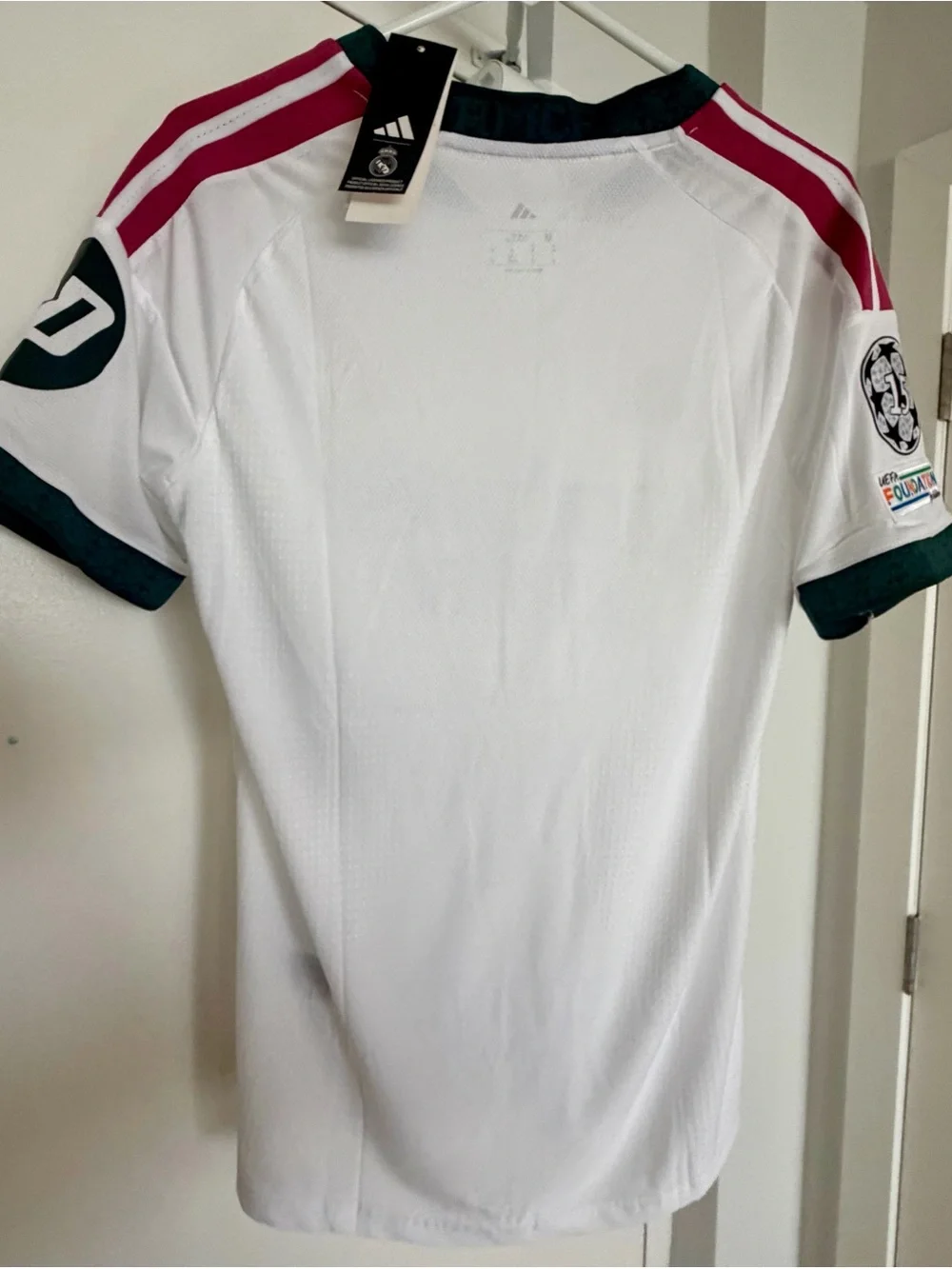 Real Madrid White Soccer Jersey with Maroon and Dark Green player version